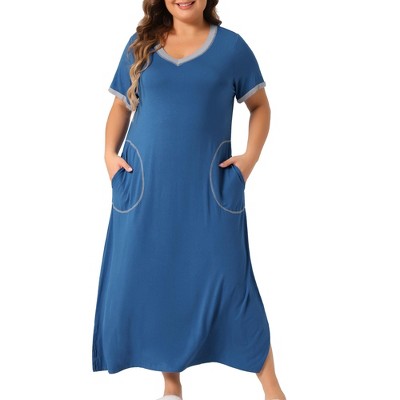 Women's Plus Size V Neck Short Sleeve Slit with Pockets Soft Long Nightgowns - Agnes Orinda