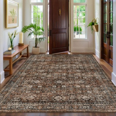 Vintage Rug Living Room Rug Floral Print Rugs with Non-Slip Backing, Low Pile Non-Shedding Area Rug