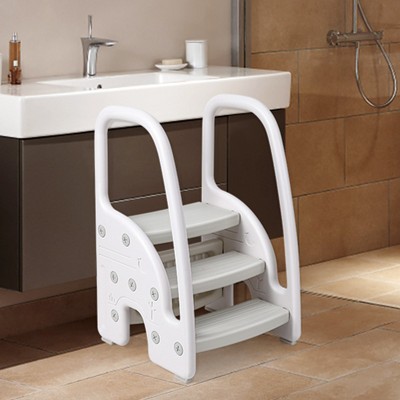 Plastic Children Learning Helper Stool with Side Handles,Kids Standing Tower with Non-Slip Pads  for Bathroom Sink,Toddler 3 Step Stool