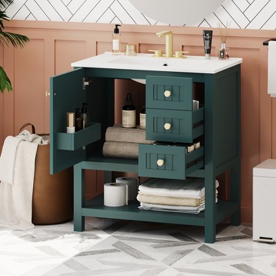 30"W Bathroom Vanity with Ceramic Sink, Multi-functional Bathroom Cabinet with Doors and Drawers, 4W - ModernLuxe