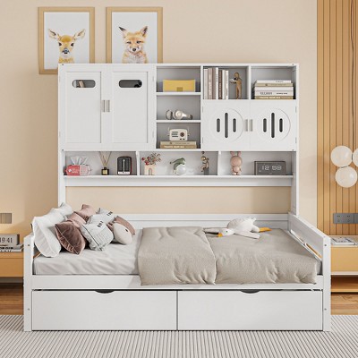 Twin/Full Size Wooden Daybed with 2 Drawers, All-in-One Cabinet and Shelves - ModernLuxe