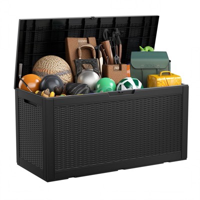 100 Gallon Rattan Deck Box, Lockable Waterproof Ourdoor Storage Container for Pool Accessories, Patio and Garden Tools