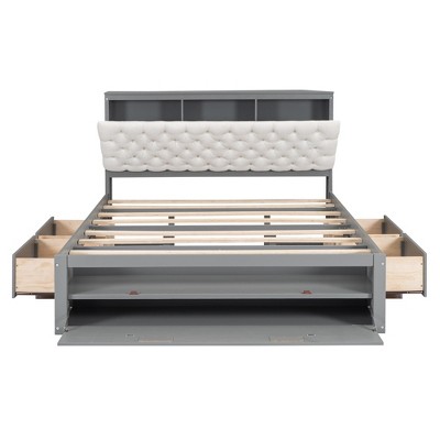 YOOCOZZ Queen Size Platform Bed with Upholstered Storage Headboard, 4 Drawers, and 2-Layer Shoe Rack