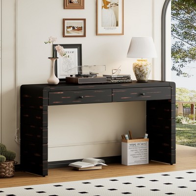 Curved Console Table with Storage, Rustic Farmhouse Wooden Entryway Table with 2 Drawers for Hallway, Living Room & Entrance