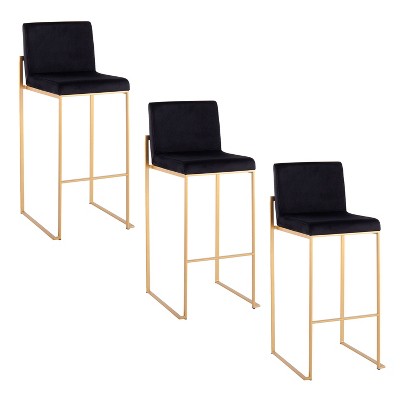 LumiSource Set of 3 Fuji High Back Barstools Gold Steel/Black Velvet