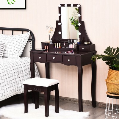 Costway Vanity Dressing Table Set w/Removable Box &10 Dimmable Bulbs Touch Switch