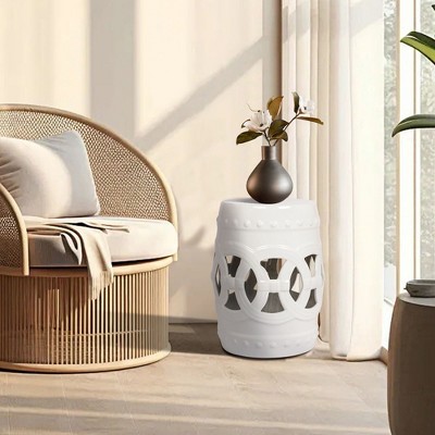 Kumasinova 17" Glazed Ceramic Drum Stool Outdoor End Table with 250lbs Max,Versatile Decor Piece,Accent Side Table with Hollow Carved Silhouette,White