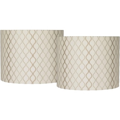 Springcrest Set of 2 Drum Lamp Shades Off-White Embroidered Medium 14" Top x 14" Bottom x 11" High Spider Harp and Finial Fitting