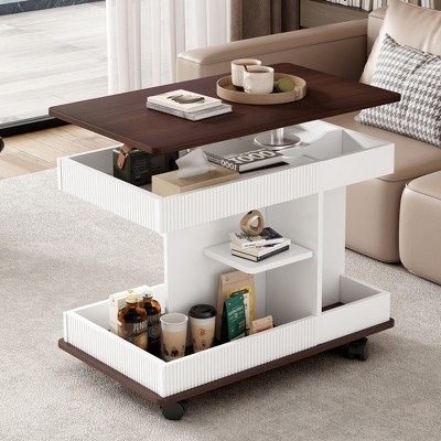 KTMBDW Multifunctional Adjustable End Table with Wheels, Modern Sofa Side Table with Lift-Top, 360°Rotating Top and Storage Space for Living Room