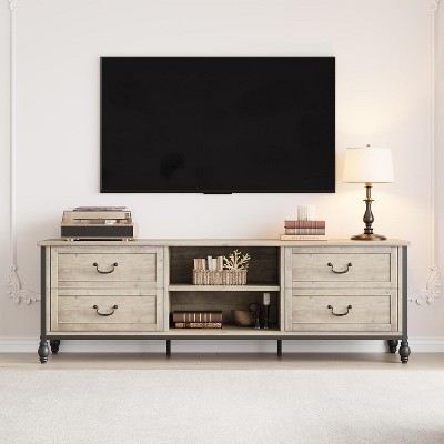 70 Inch Mid-Century Modern TV Stand, Entertainment Center Featuring Metal Roman Columns and Drawer, TV Console Table for Living Room Rustic Grey