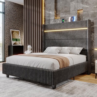Bed Frame with LED Lights Charging Station, Corduroy Upholstered Platform Bed Frame