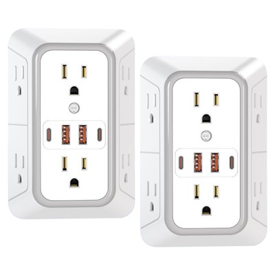 Itopfox 2 Pack Wall Charger with 6 Outlets & 4 USB Ports (2 USB-C), Surge Protector Power Strip for Home, Office, Travel