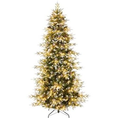 Flocked Christmas Tree - 240 Warm White Lights & Pine Cones, Auto Hinged Expansion for Home/Church