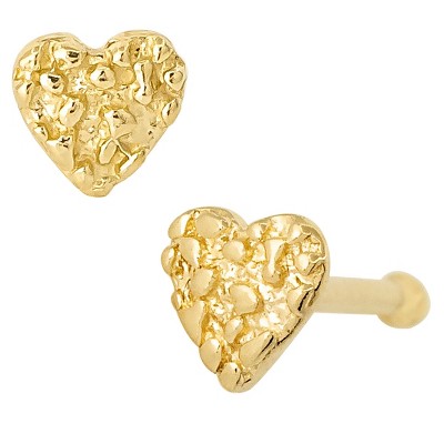 Jewelry Avalanche Solid 14K Yellow Gold Nugget Heart Nose Bone Stud, 22G Ball-end Nose Ring Stud