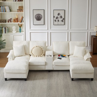 VASIP 120" Modular Corduroy  Sectional Sofa Bed,Modern U-Shaped 4-Seater Couch with Cup Holders and Storage, For Living Room, Apartment,Lounge,Beige