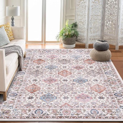 coucheta Multi-size Washable Area Rugs, Vintage Floral Printed Foldable Thin Soft Low-Pile Non-Slip Carpet, for Living Room, Bedroom, Dining Room