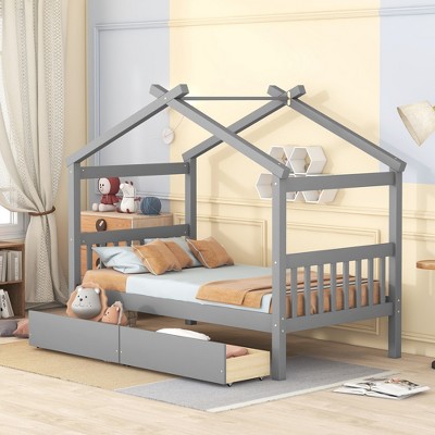 Twin Size Wooden House Bed with Two Drawers