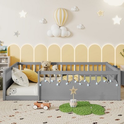 Twin Montessori Floor Bed with High Rails, Solid Wood Kids Bed with LED Light & Storage Shelf, Low Profile Bed Frame-- Frevyn