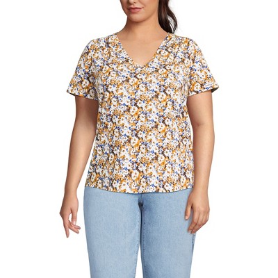 Lands' End Women's Short Sleeve Lightweight Jersey Gathered Shoulder T-Shirt