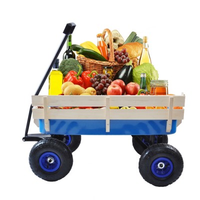 DSVIMOY Portable Outdoor Wagons with Wood Railing, Portable Carts for Children Kids, Blue, 39.37"*19.3"*24.8"