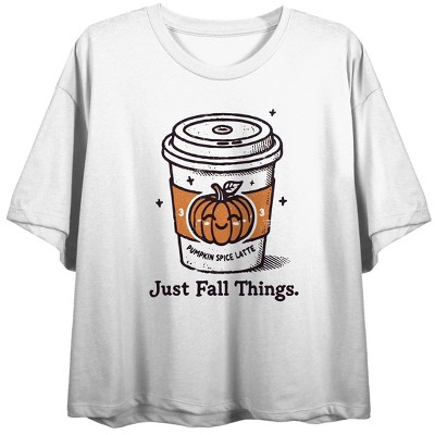 Pumpkin Spice Latte Just Fall Things Women's White Crew Neck Short Sleeve Crop Top