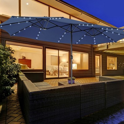 Costway 15FT Twin Patio Double-Sided Umbrella 48 Solar LED Lights Crank Outdoor Wine\Beige\Coffee\Orange\Turquoise