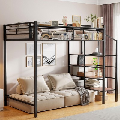 Sapphtopaz Metal Twin Size Loft Bed with Upper Grid Storage Shelves Space-Saving Storage Loft Bed with Storage Stairs, Bed Frame for Small Space