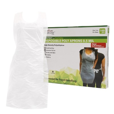 Bison Life Disposable Food Handling Light Poly Aprons, 0.5 Mil, Waterproof, One Size - 100 Pack