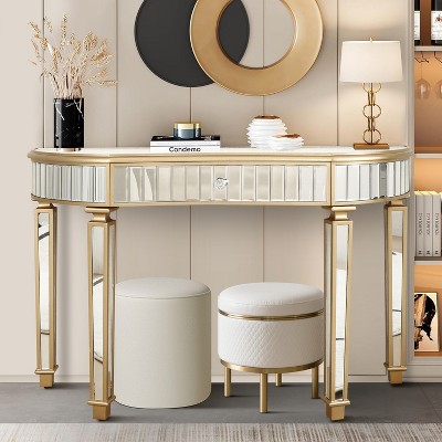 Half-Moon Mirrored Console Table with Fluted Glass & Crystal Knob Drawer, Sofa Accent Table, Entryway Vanity Desk - ModernLuxe
