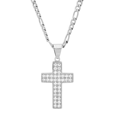 Steeltime 24" Men's stainless steel and simulated diamond cross pendant. Color Options: Silver, Black
