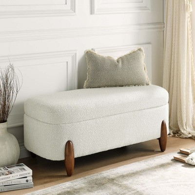 CAVINAS Oval Teddy Fabric Storage Ottoman Bench with Safety Hinge,Upholstered Storage Ottoman,Storage Benches for Living Room,Bedroom