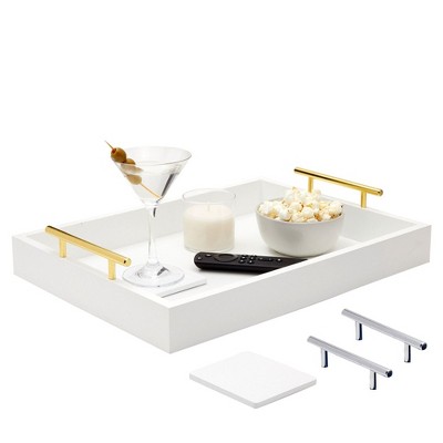 Juvale Decorative Wood Serving Tray with Handles and Coasters - 16.5 x 12.2 x 3.1 in