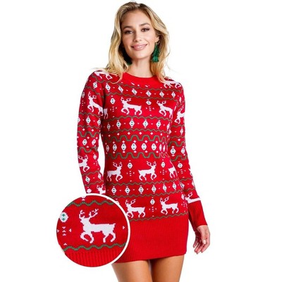 Tipsy Elves Women's Red Reindeer Sweater Dress - Fair Isle Holiday Sweater