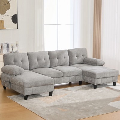 KTMBDW Modular Sectional Sofa, U-shaped Sofa Chenille Couch with Dual Chaise Lounges, Storage Pockets and Armrest Pillows for Living Room