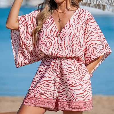 Women's Chic Zebra Print Beach Romper with Drawstring Waist - Cupshe
