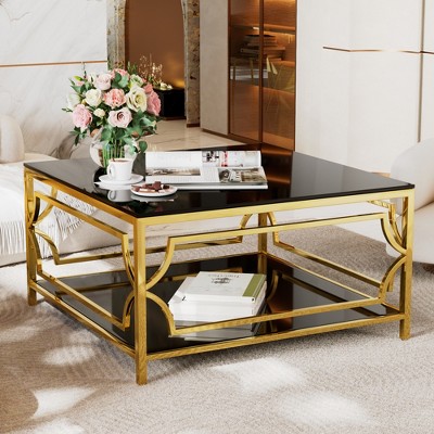 Merax Square Coffee Table with Black or Clear Glass Top and Two-Tier Display Shelf