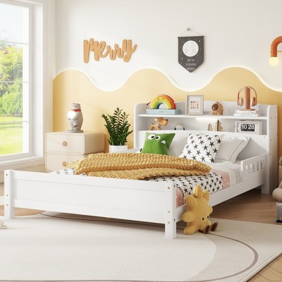 Full Size Pine Wood Bed with Bookcase Headboard, LED Motion Sensor Light, and Flexible Guardrails-- Frevyn