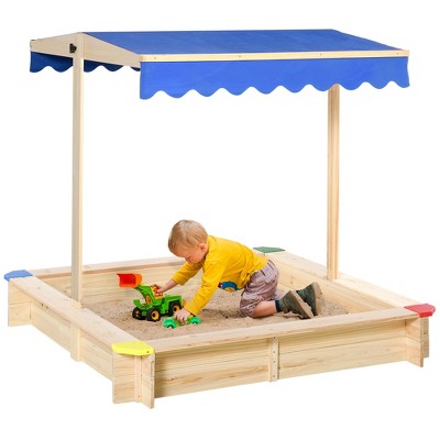 Outsunny Wooden Sandbox w/ Adjustable Canopy, Children Outdoor Playset Weather Resistant 47" L x 47" W x 47" H, Natural & Blue