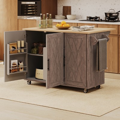 LOVSON 51.2" Geometric Twill Stripe Textured Design Kitchen Island, Rolling Kitchen Cart with Retractable Blades, Storage Rack, Towel Rack, Brown