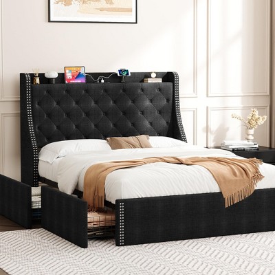 Upholstered Full Bed Frame with 4 Storage Drawers, Wingback Headboard, Charging Station, Diamond Tufted, No Box Spring Needed