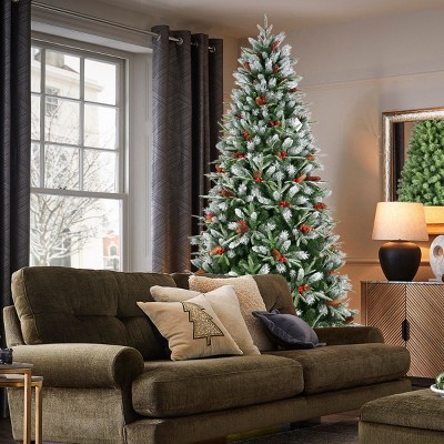 Snow Xmas Tree with Red Berries, Pine Cones, Tips, PVC Branches, Artificial Christmas Tree Hinged Holiday Tree for Indoor Décor - Cuddlewood