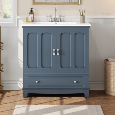 30"W Bathroom Vanity with Ceramic Sink, Bathroom Sink Cabinet with Divided Drawer, Door Organizer & Adjustable Shelf - ModernLuxe