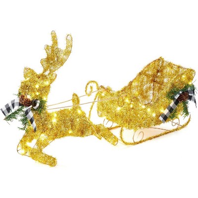 Gold Reindeer and Sleigh Set for Christmas Decorations, Metal Frame Christmas Elk Ornaments, Iron Xmas Centerpiece for Home Decor, Holiday Display
