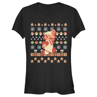 Juniors Womens Nintendo Ugly Christmas Super Mario Pixel T-Shirt
