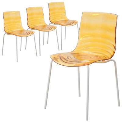 LeisureMod Astor Acrylic Dining Chair Set of 4 - Water Ripple Design, White Stainless Steel Legs, Stackable Side Chairs for Dining Room & Kitchen