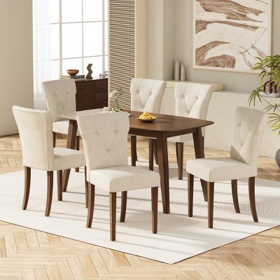 Modern Linen Fabric Upholstered Parsons Dining Chairs Set of 6,High Back Button Tufted Padded Dining Room Chair,Wooden Kitchen Chair-Coolbibila