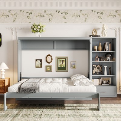 TIRAMISUBEST Queen Size Murphy Bed with Height Adjustable Storage Compartments and Shelf, Multifunctional Foldable Platform Bed Wall Bed with 1 Drawer