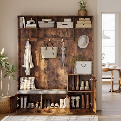 Farmhouse Hall Tree with Bench and Shoe Storage,  Freestanding Entryway Wooden Bench with Coat Rack, 4 Hooks, 3 Top Open Shelves for Hallway