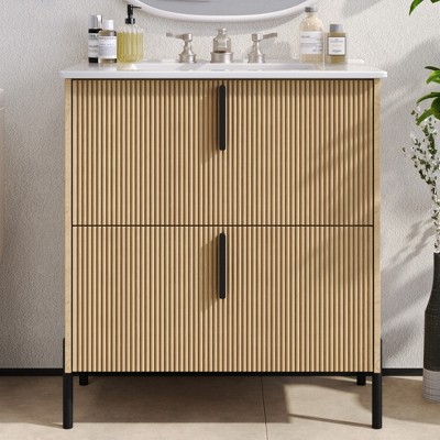 ChicFurnit 30 Inch Bathroom Vanity with Sink Freestanding Storage Cabinet with Full Extention Drawer Fluted Design for Bathroom, 30"*18"*34"