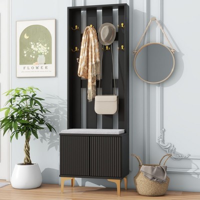 CAVINAS Hall Tree with Bench and Storage Adjustable Modern Coat Rack with 8 Hooks for Hallway